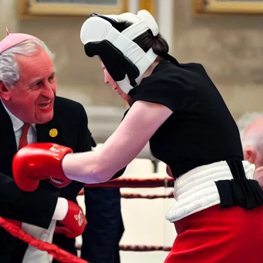 Prompt: the queen of england viciously attacks the pope in a boxing ring