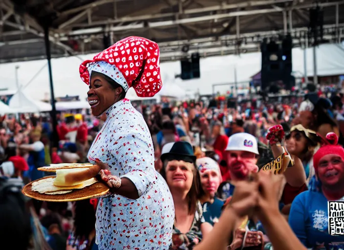 Prompt: photo still of aunt jemima in period attire at vans warped tour!!!!!!!! at age 4 0 years old 4 0 years of age!!!!!!! on stage throwing pancakes to the crowd, 8 k, 8 5 mm f 1. 8, studio lighting, rim light, right side key light