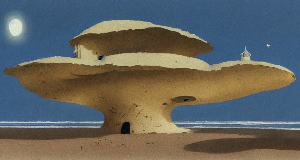 Prompt: a single seashell house in a deserted beach, still life, concept art by roger dean and john harris, atmospheric