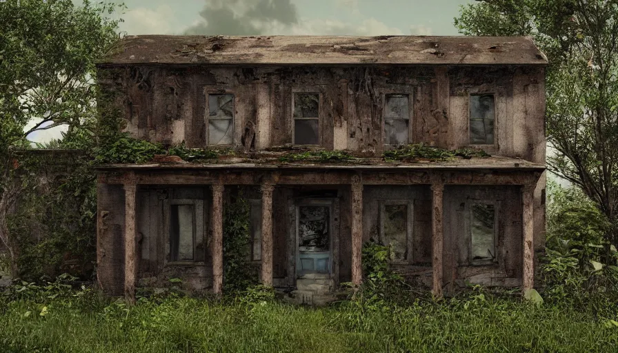 Image similar to old, ruined, abandoned American Midwestern house, seen from outside and overgrown by plants. First light of day falls upon the building. Scary, horror, ghost story. Dirt, leaves on ground. Octane render. Substance painter. Zbrush. Trending on artstation. 8K. Highly detailed.
