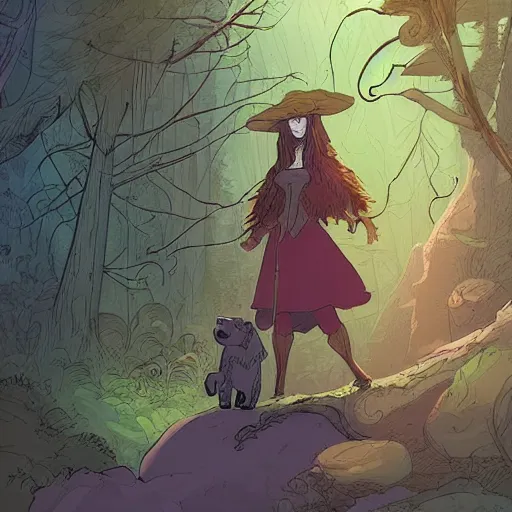 Image similar to character design of a young, beautiful earth witch in wooded forest : : 1, with bear companion, mike mignola style, comics, beautiful composition, wide angle, colorful, cinematic, volumetric lighting, intricate details