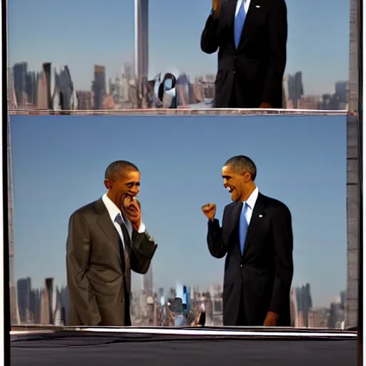 Image similar to obama laughing at 9 / 1 1 twin towers