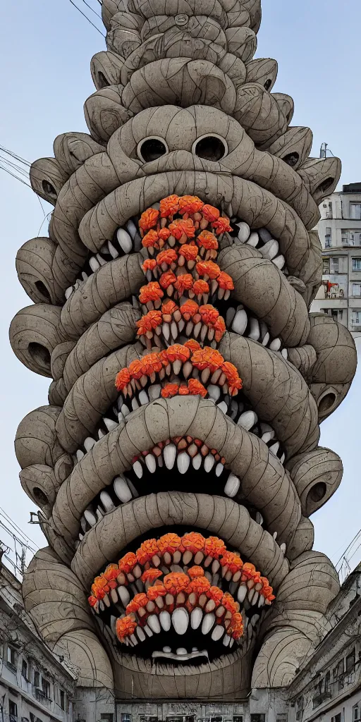 Image similar to colossal grotesque Beelzebub flower made from angry smiles in the middle of post soviet constructivist cityscape, Stalinist architecture, brutalist architecture, ultradetailed, Intricate by Hayao Miyazaki and Josan Gonzalez and Makoto Shinkai and Giuseppe Arcimboldo and MC Esher and Wes Anderson