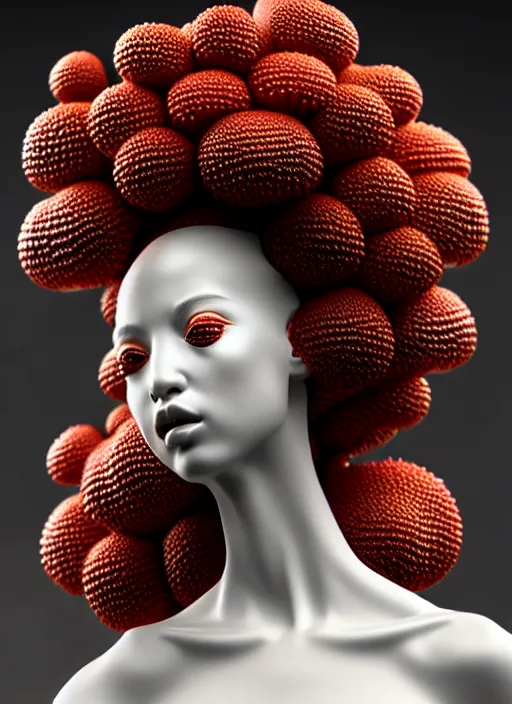 Prompt: intricate hyper detailed ultra sharp focus front shot 3 d render of a beautiful porcelain ivory afro woman, close - up, f 2. 8 1 5 0 mm, sharp focus, alexandre ferra, elegant bionic cyberpunk red mechanical haute couture fractal mushroom corals, white mycelum and fungi head ornaments, octane render, volumetric cinematic lighting, 8 k,