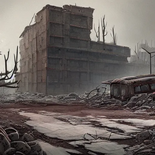 Prompt: drawing in the style of Simon stalenhag, desolate, postapocalyptic, atmospheric, 4k