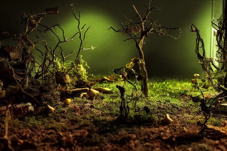 Image similar to diorama of scattered items, spooky, eerie, green lighting, depth of field, walter wick and jean marzollo