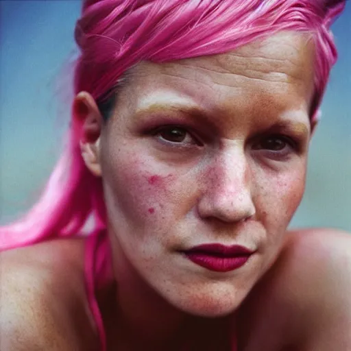 Image similar to a beautiful woman with pink hair and fair skin, portrait photograph, nikon 3 5 mm, photograph by annie leibovitz and steve mccurry,