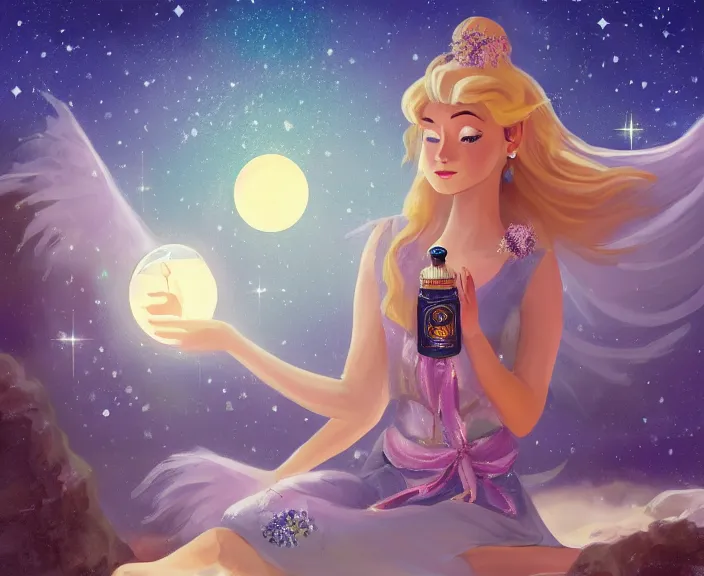 Prompt: an illustration of the spiritual goddess of essential oils, with starry dusted light and a moon, small bottles of oil, in the style of a disney princess, high contrast, highly detailed, sharp focus, digital painting, illustration, trending on artstation,
