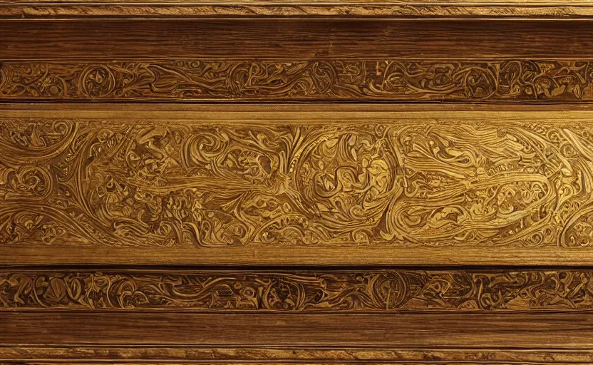 Prompt: golden musket with engravings laying on a wooden table, complex, high detail