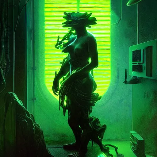 Image similar to menacing aggressive black slimy creature made out of needles, inside a gas station, aggressive harsh bright fluorescent industrial green/blue lighting, extremely detailed digital matte painting buy Greg Rutkowski and Alphonse Mucha