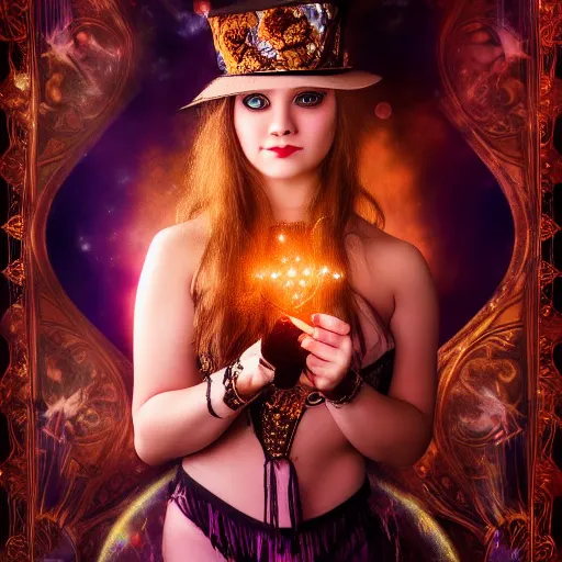 Image similar to a female magician, she occupied herself with magic and sorcery, bewitching the people, mystic, fantasy, magic, award winning photography, hdr, studio lighting medium close shot, mucha style,