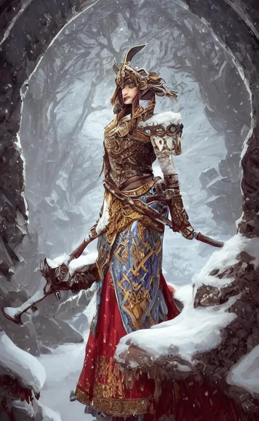 Image similar to azure viking warrior, regal, elegant, winter, snow, beautiful, stunning, hd, illustration, epic, d & d, fantasy, intricate, elegant, highly detailed, wide angle, digital painting, artstation, concept art, smooth, sharp focus, illustration, wallpaper, art by artgerm and greg rutkowski and alphonse mucha and jin xiaodi