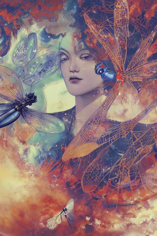 Image similar to surreal gouache painting, by yoshitaka amano, by ruan jia, by Conrad roset, by good smile company, detailed anime 3d render of big transparent amber stone with a magical electric dragonfly inside the amber. Amber stone on the Dj mixer deck, vinyl records, portrait, cgsociety, artstation, rococo mechanical and Digital and electronic, dieselpunk atmosphere