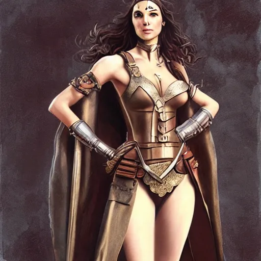 Image similar to highly detailed steampunk gal gadot standing, cape : leonardo da vinci, greg rutkowski, magali villeneuve