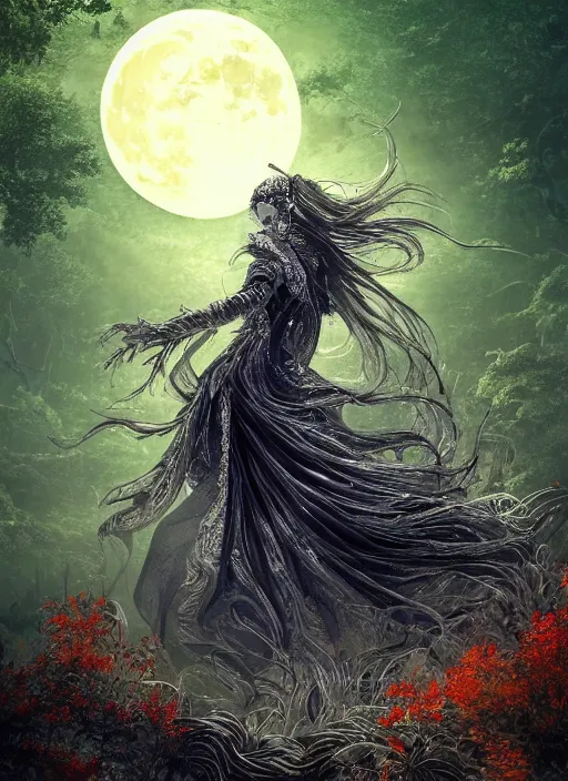 Image similar to glowing silver and golden elements, portrait, A beautiful dark witch in front of the full big moon, book cover, green forest, red white black colors, establishing shot, extremly high detail, foto realistic, cinematic lighting, pen and ink, intricate line drawings, by Yoshitaka Amano, Ruan Jia, Kentaro Miura, Artgerm, post processed, concept art, artstation, matte painting, style by eddie, raphael lacoste, alex ross