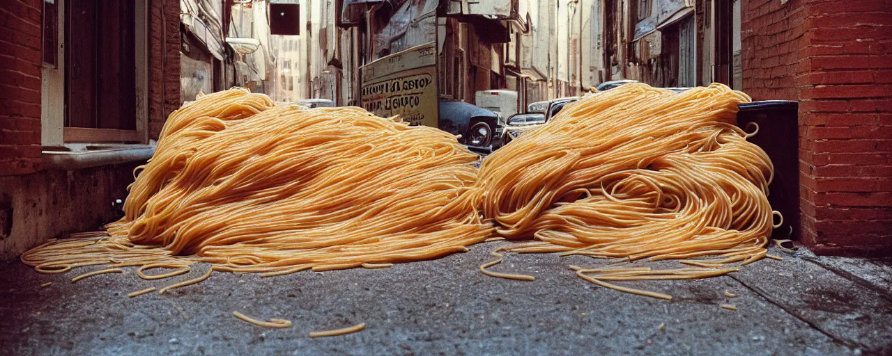 Prompt: spaghetti overflowing from a garbage can, alley way, nikon 2 8 mm, f 1. 8, kodachrome, retro, n the style of wes anderson