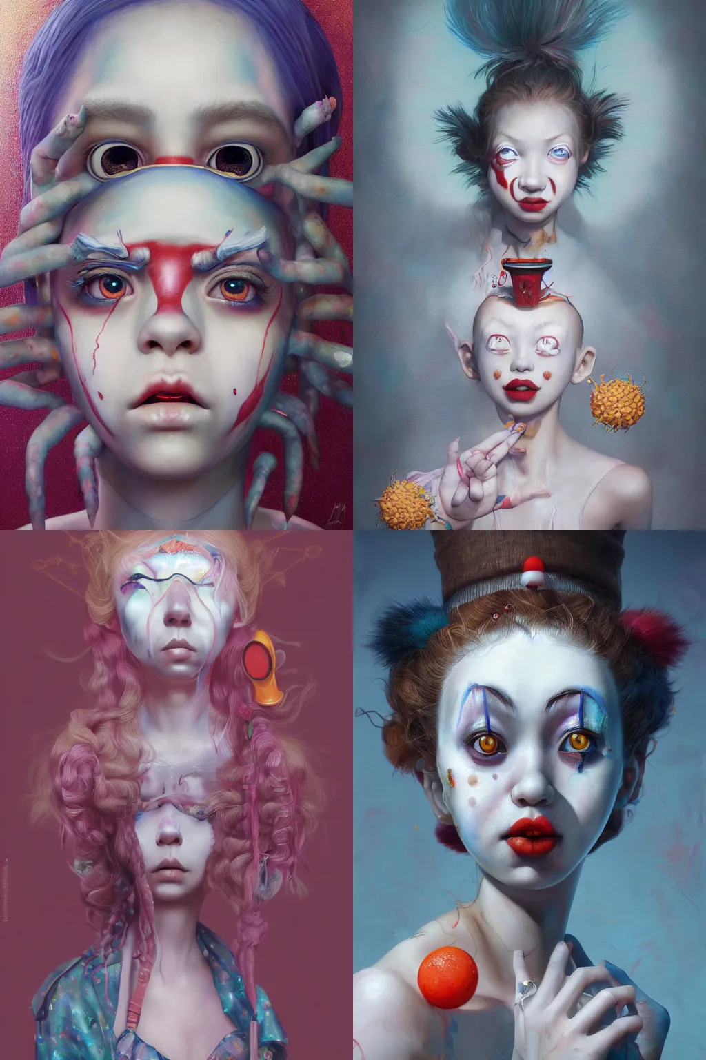 Image similar to breathtaking detailed painting of clown girl , with anxious, piercing eyes, Atari game cover art by Hsiao-Ron Cheng, James jean, Miho Hirano, Hayao Miyazaki, extremely moody lighting, hyperrealistic, octane render, RPG portrait, ambient light, dynamic lighting