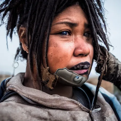 Image similar to photographic portrait of a poor techwear woman holding back tears, a futuristic shanty town burns in the background, closeup, sigma 85mm f/1.4, 4k, depth of field, high resolution, 4k, 8k, hd, full color