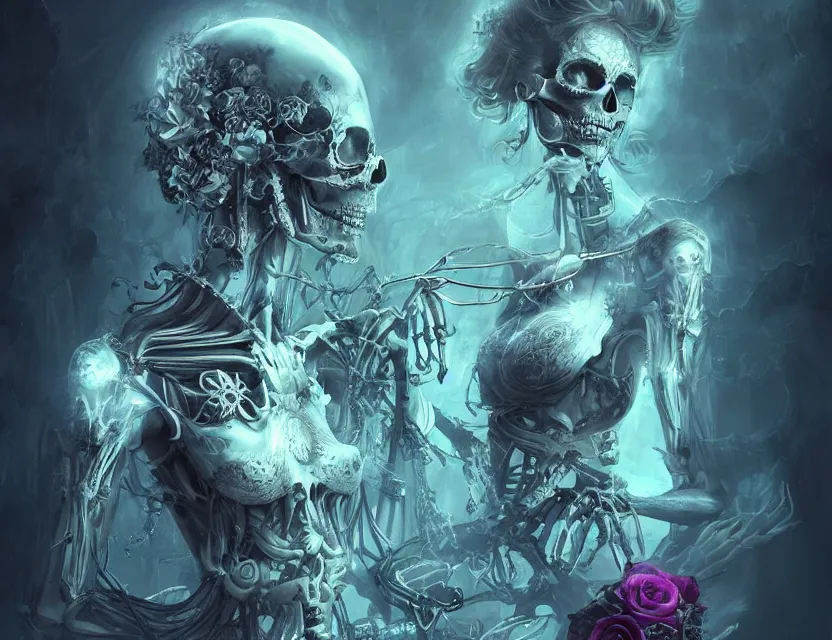 Image similar to a chaotic goddess of death skeleton as a heroine, intricate, elegant skull black rose s day of the dead atmospheric, dramatic, Trending on artstation. augmentations and cybernetic enhancements neon circuits, greg rutkowski , hyperrealist, cinema4D, 8k highly detailed