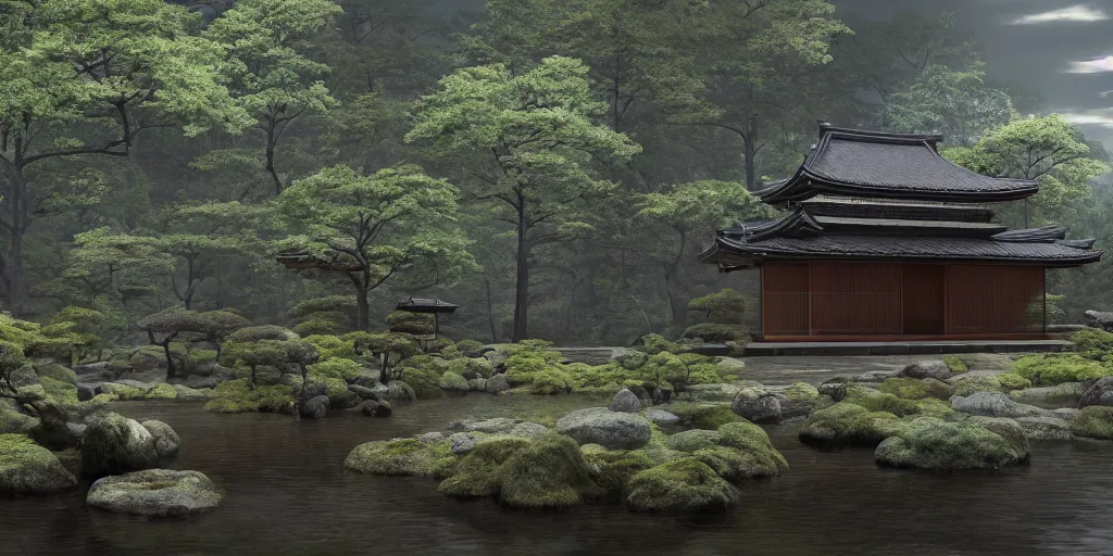 Image similar to a ancient japanese temple in the middle of a forest mear a small river, extremely highly detailed, high quality, 8K HDR, octane render, unreal engine 5, hyperrealistic, concept art, trending on Artstation, dramatic lighting, cinematic, high coherence, path tracing, ruins, clouds in the sky, singular building, centered