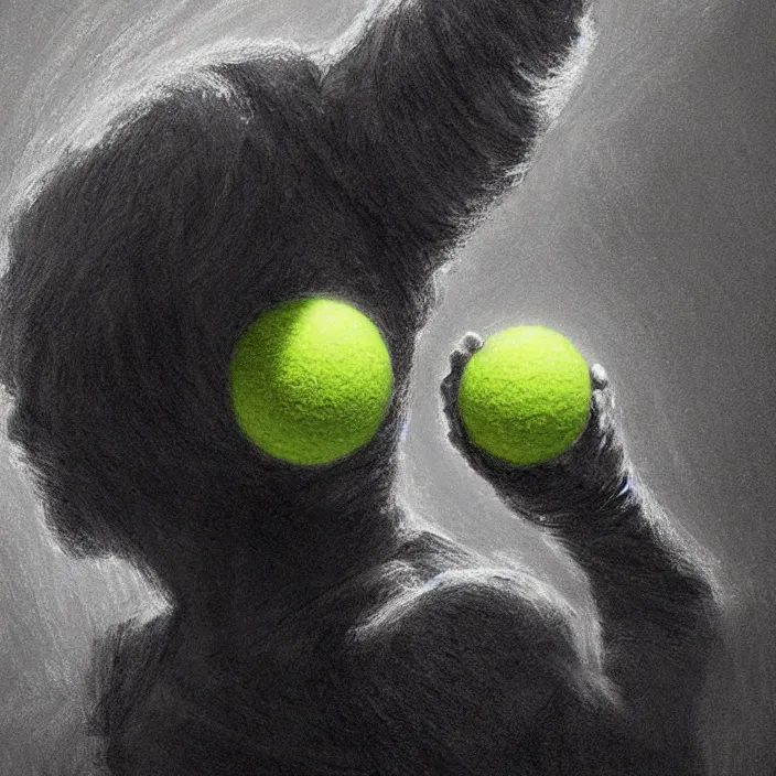 Image similar to cinematic portrait of a tennis ball monster in the abyss of space, chalk, masterpiece, trending on artstation, featured on pixiv, cinematic composition, dramatic pose, beautiful lighting, sharp details, hyper-detailed, HD, HDR, 4K, 8K, art by Basil Gogos