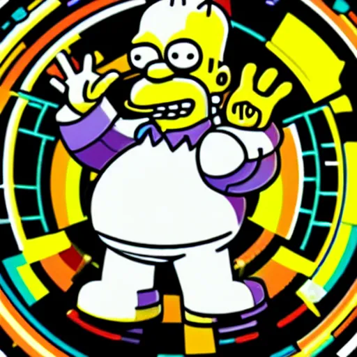 Image similar to svg sticker of a Homer-Simpson at a rave, spinning records, giant headphones rocking out, wearing headphones, huge speakers, dancing, rave, DJ, spinning records, digital art, amazing composition, rule-of-thirds, award-winning, trending on artstation, featured on deviantart