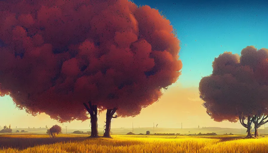 Image similar to colourful sky, wheat field, radio antenna, big trees, matte painting, art station, digital art, simon stalenhag