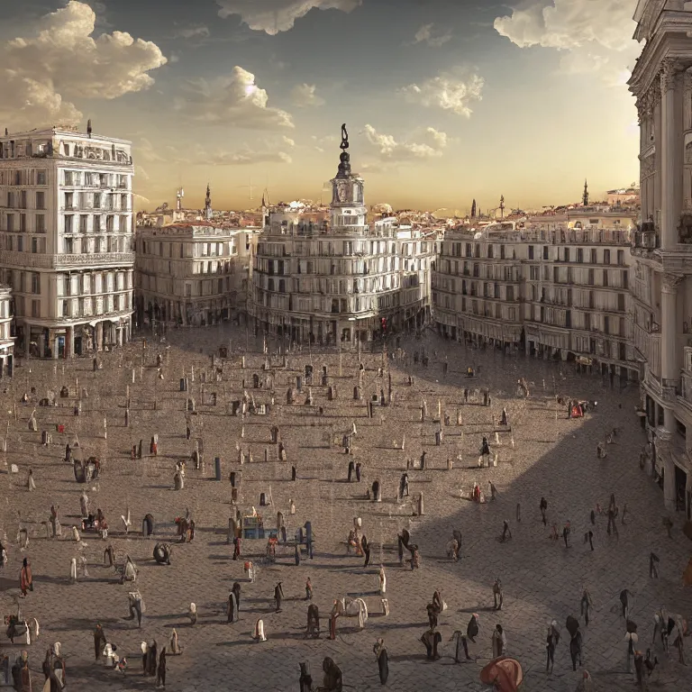 Prompt: a old square in madrid full of people, dream - like atmosphere, symmetrical baroque painting, perfect composition, beautiful detailed intricate insanely detailed octane render trending on artstation, 8 k artistic photography, photorealistic, soft natural volumetric cinematic perfect light, chiaroscuro, award - winning photograph, masterpiece, raphael, caravaggio, greg rutkowski, beeple