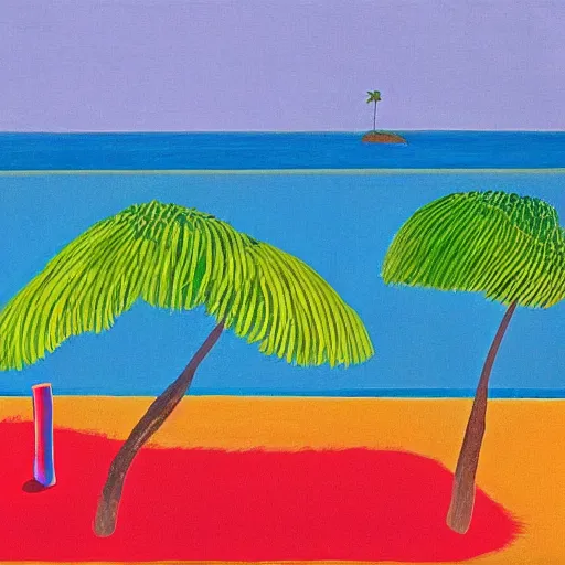 Prompt: painting of a small, tropical island in the middle of the ocean, David Hockney, colorful