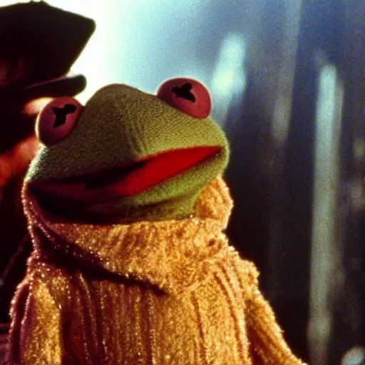 Image similar to kermit the frog as Deckard in Blade Runner (1982)