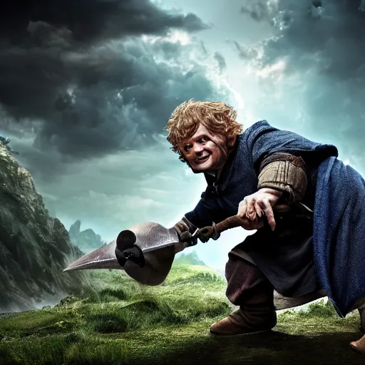 Prompt: Bilbo Baggins fighting an orc detailed 4K digital art