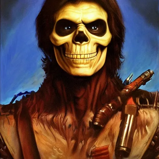 Image similar to ultra realistic portrait painting of skeletor as han solo, art by frank frazetta, 4 k, ultra realistic, highly detailed, epic lighting