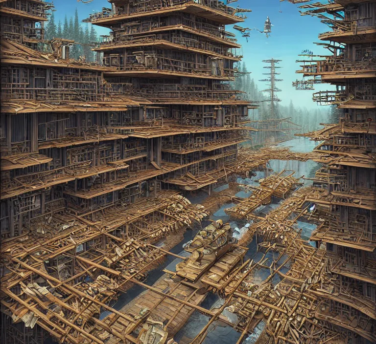 Image similar to photography hyperrealism concept art of highly detailed beavers builders that building highly detailed futuristic city with sticks by hasui kawase and scott listfield sci - fi style hyperrealism