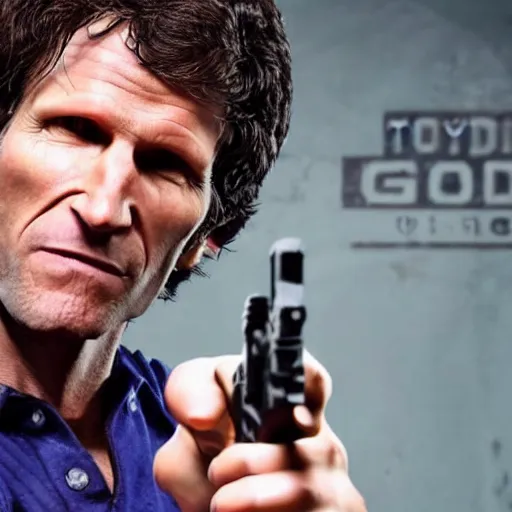 Image similar to todd howard pointing a gun towards the camera and forcing you to buy skyrim, threatening, sharp, cinematic, colorful, digital, neon, bright