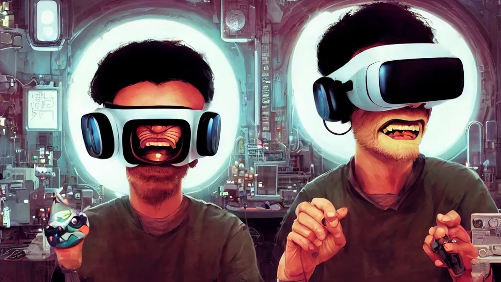 Prompt: happy drunk hacker at a computer in a vr mask in a scifi movie, retrofuturism, by jamie hewlett, nuri iyem, james gurney, james jean, greg rutkowski, anato finnstark. pixar. hyper detailed, 5 0 mm, perfect faces