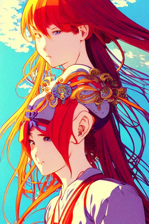 Prompt: fantasy heroine, symmetrical, detailed, studio 4c, makoto shinkai, yuya nagai, Ilya Kuvshinov, murata range, kawaii, vibrant bright colors,matte, japanese, beautiful, dreamy, alphonse mucha, jean giraud, high saturation, fantasy, 1990s