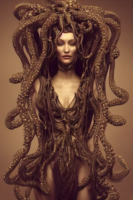 Image similar to a photo of a beautiful ancient alien medusa gorgon woman goddess bella hadid standing in iris van herpen dress jewelery and fractals in style of alphonse mucha art nuvo dmt trending on artstation made in unreal engine 4