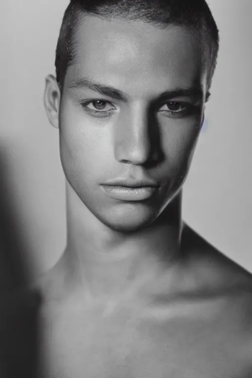 Prompt: A close-up, black and white studio photographic portrait of a beautiful young male model, dramatic backlighting, 1973 photo from life magazine, 4k, 8k