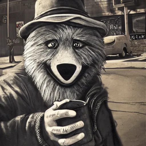 Image similar to photography of hobo artist drawing furries for booze on the dirty street. symmetry, awesome exposition, very detailed, highly accurate, intricate, professional lighting diffracted lightrays, studio photo, 8 k, sense of awe