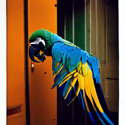 Prompt: Blue and Gold Macaw in ground lost on backrooms, cinematic shot, cinestill 800 t