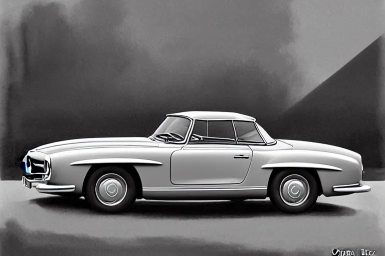 Prompt: 1 9 6 1 mercedes - benz 1 9 0 sl on a street, illustration by greg rutkowski