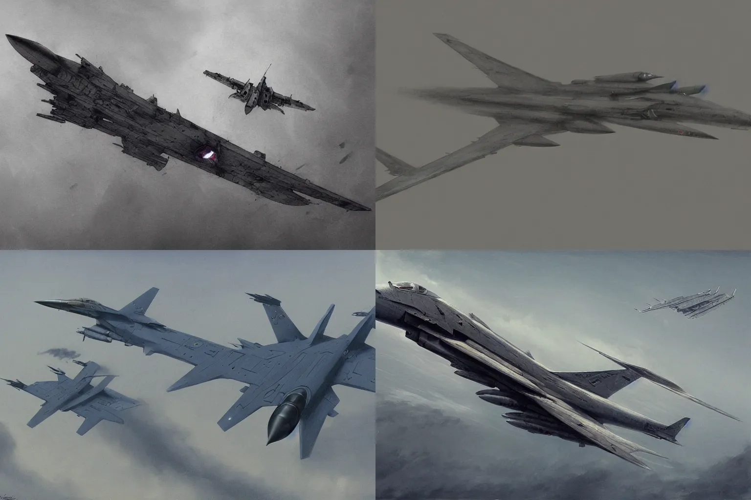 Prompt: fighter jet concept designed by zdislaw beksinski, top secret space plane, tomcat raptor hornet falcon, style of john kenn mortensen, style of greg rutkowski
