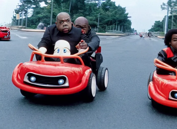 Image similar to peter dinklage racing gary coleman driving a little tikes cars in japan, movie still, from the new fast and furious movie, 8 k, realistic