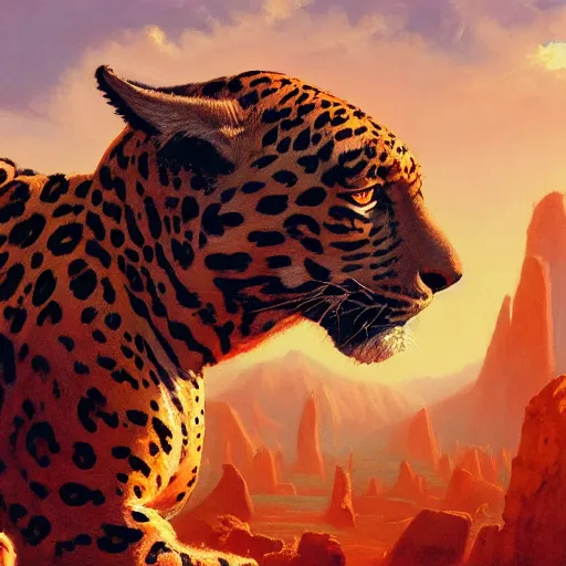 Image similar to mighty jaguar in summer nigt, beautiful colours, sharp textures, biotechnology, nikolay georgiev, alex ross, bruce pennington, donato giancola, larry elmore, masterpiece, oils on canvas, trending on artstation, featured on pixiv, cinematic composition, sharp, details, hyper - detailed, hd, hdr, 4 k, 8 k