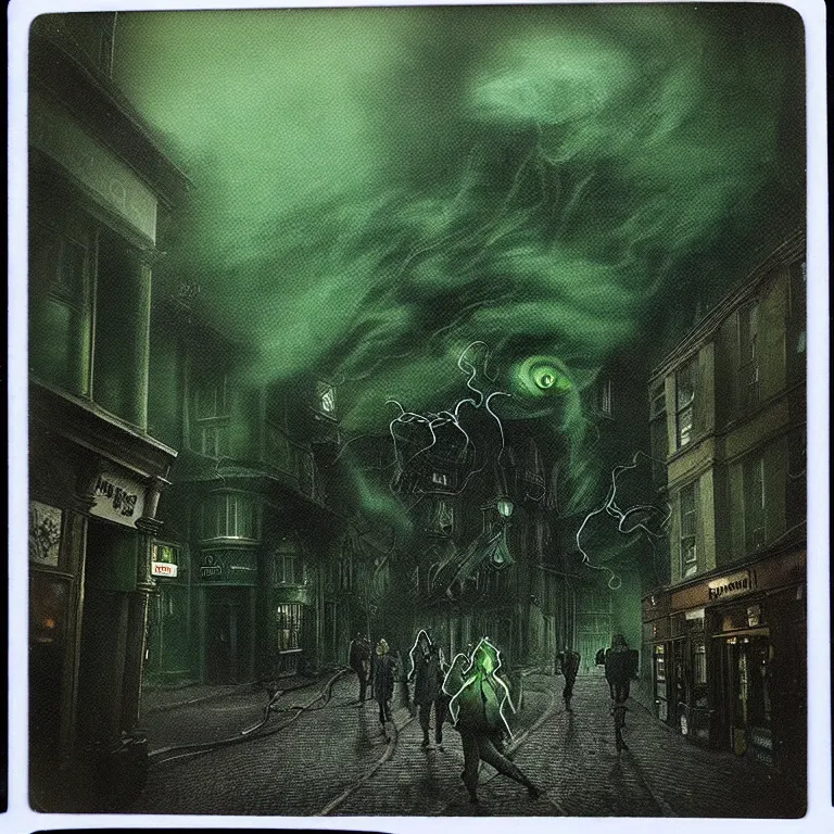 Image similar to black and dark green eldritch smoke and tendril monsters in a typical english high street. terrified people running and screaming. polaroid. photorealistic. highly detailed