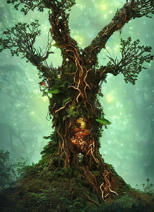 Image similar to friendly Tree Ent on a bioluminescent biome of oddities, oddities everywhere, enchanted, magical, cinematic shot, intricate, ornate, photorealistic, ultra detailed, realistic, 100mm, photography, octane, high definition, depth of field, bokeh, 8k, behance, artstation