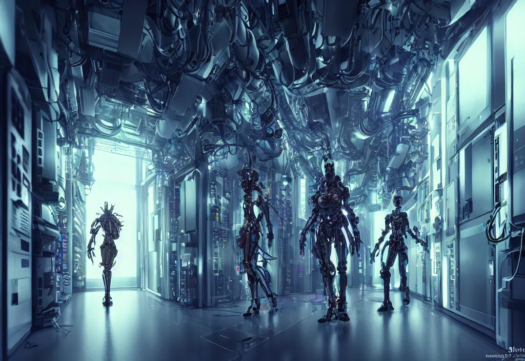 Prompt: shot of film by cyberpunk syle biomechanical cyborg walking in server room in datacenter, character design, very detailed cinematic, anime, by yoichi hatakenaka, by masamune shirow, digital art, octane render, beautiful composition, trending on artstation, award - winning photograph, masterpiece