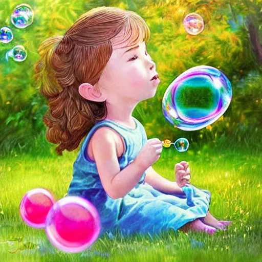 Prompt: a little girl in a beautiful garden blowing bubbles. beautiful cartoon painting art, high quality, detailed face