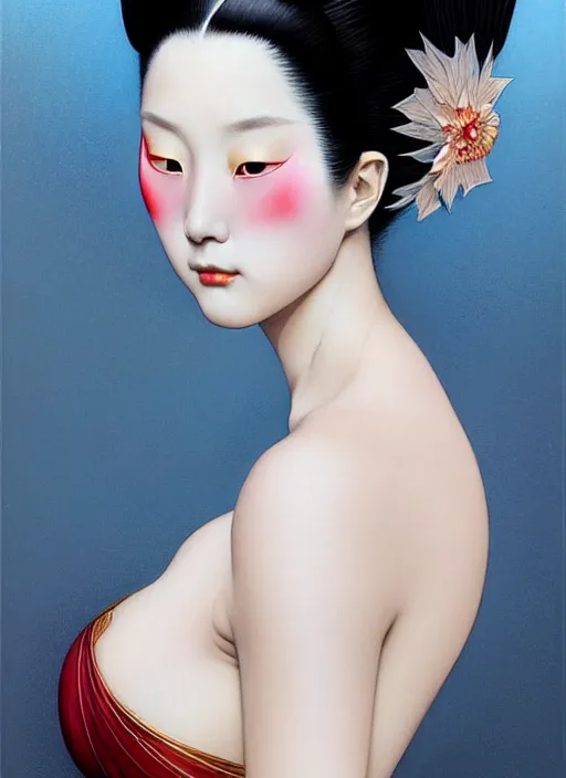 Image similar to organic seductive Geisha portrait, pearlescent skin, diffuse lighting, fantasy, intricate, elegant pose, highly detailed, lifelike, photorealistic, digital painting, artstation, illustration, concept art, different point of view, smooth, sharp focus, art by John Collier and Albert Aublet and Leonardo da vinci and Moebius and Krenz Cushart