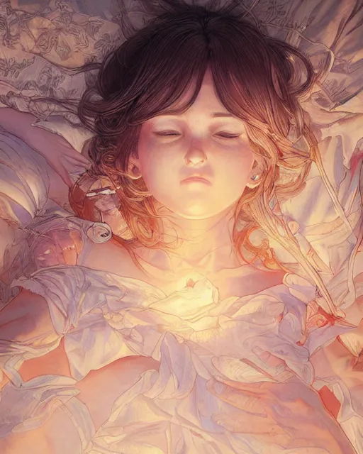 Image similar to a girl waking up in the morning, full shot, visible face, ambient lighting, detailed, art by ayami kojima, makoto shinkai, kilian eng